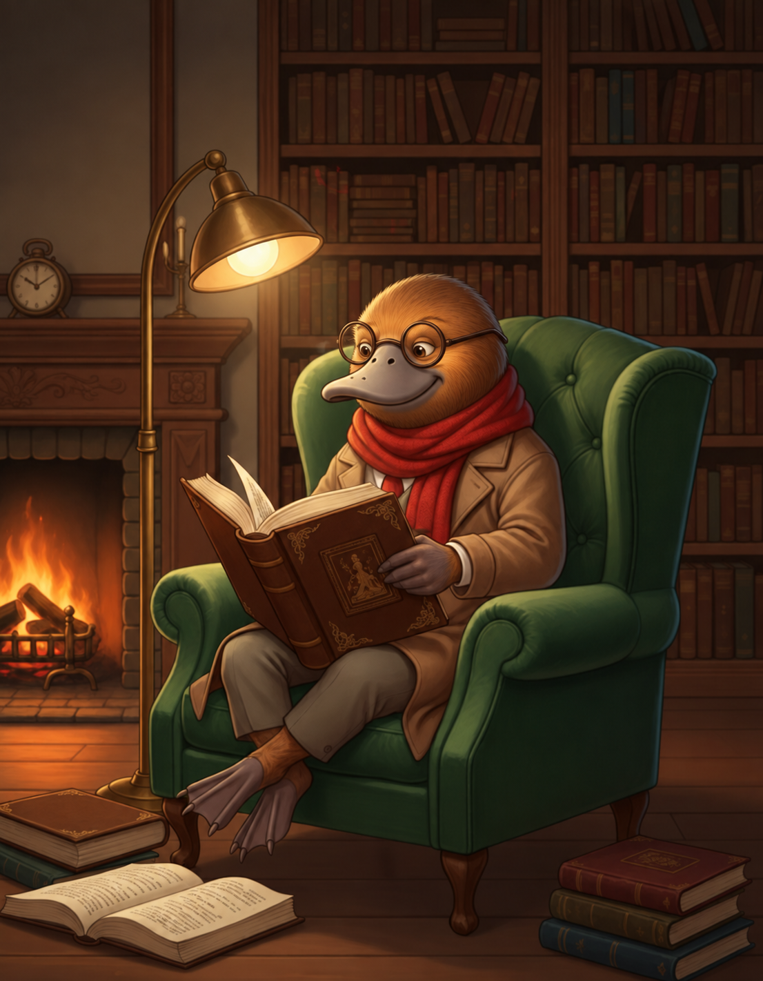 The PlaidLibs character smiling while reading beside a warm lamp
